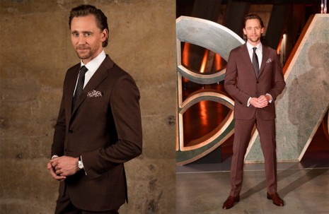 hiddleston在《洛基loki》影集的伦敦首映会上身着一身棕色西装搭配