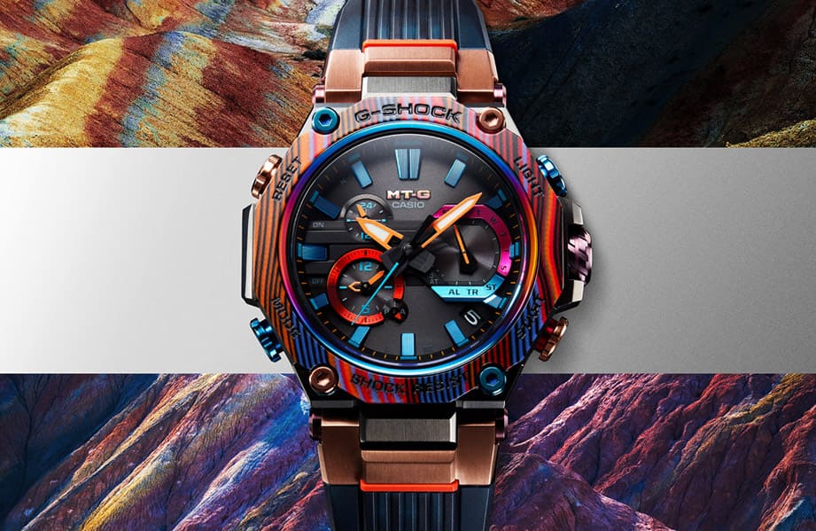 G-SHOCK MT-G系列新作以彩色玻璃纤维与碳材料诠释彩虹山地貌