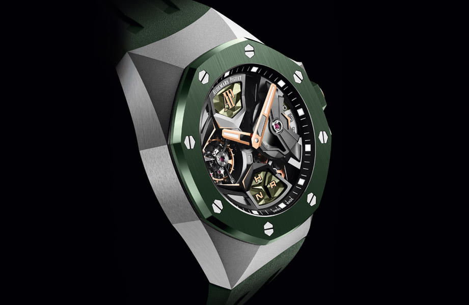 皇家橡樹概念飛行陀飛輪GMT手錶第一次結合綠色陶瓷錶圈 連部分機芯零件也鍍上綠色