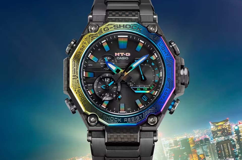 G-SHOCK MT-G新作碳纤维加彩虹IP不锈钢表壳 五彩繽纷诠释城市活力夜景